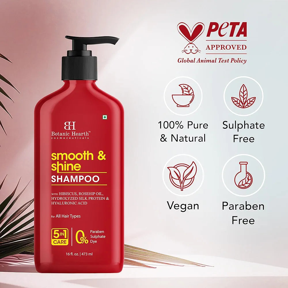 Botanic Hearth Smooth & Shine Shampoo – Hibiscus, Rosehip Oil, Hydrolyzed Silk Protein & Hyaluronic Acid – Paraben & Sulfate Free – 16 fl oz