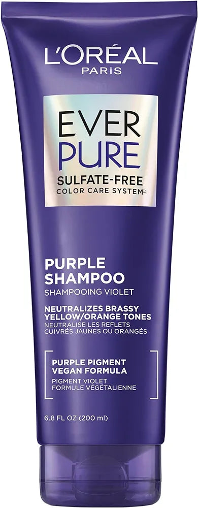 L’Oreal Paris Sulfate Free Brass Toning Purple Shampoo for Blonde, Bleached, Silver, or Brown Highlighted Hair, EverPure, 6.8 Fl Oz 
