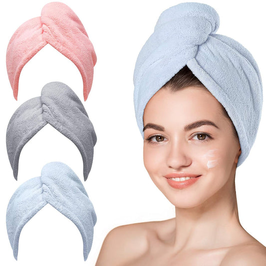 Hicober Microfiber towel for hair, 3 packs of turbantes for mojado hair, dry towels for hair, for women, anti-inking (blue, gray, pink)